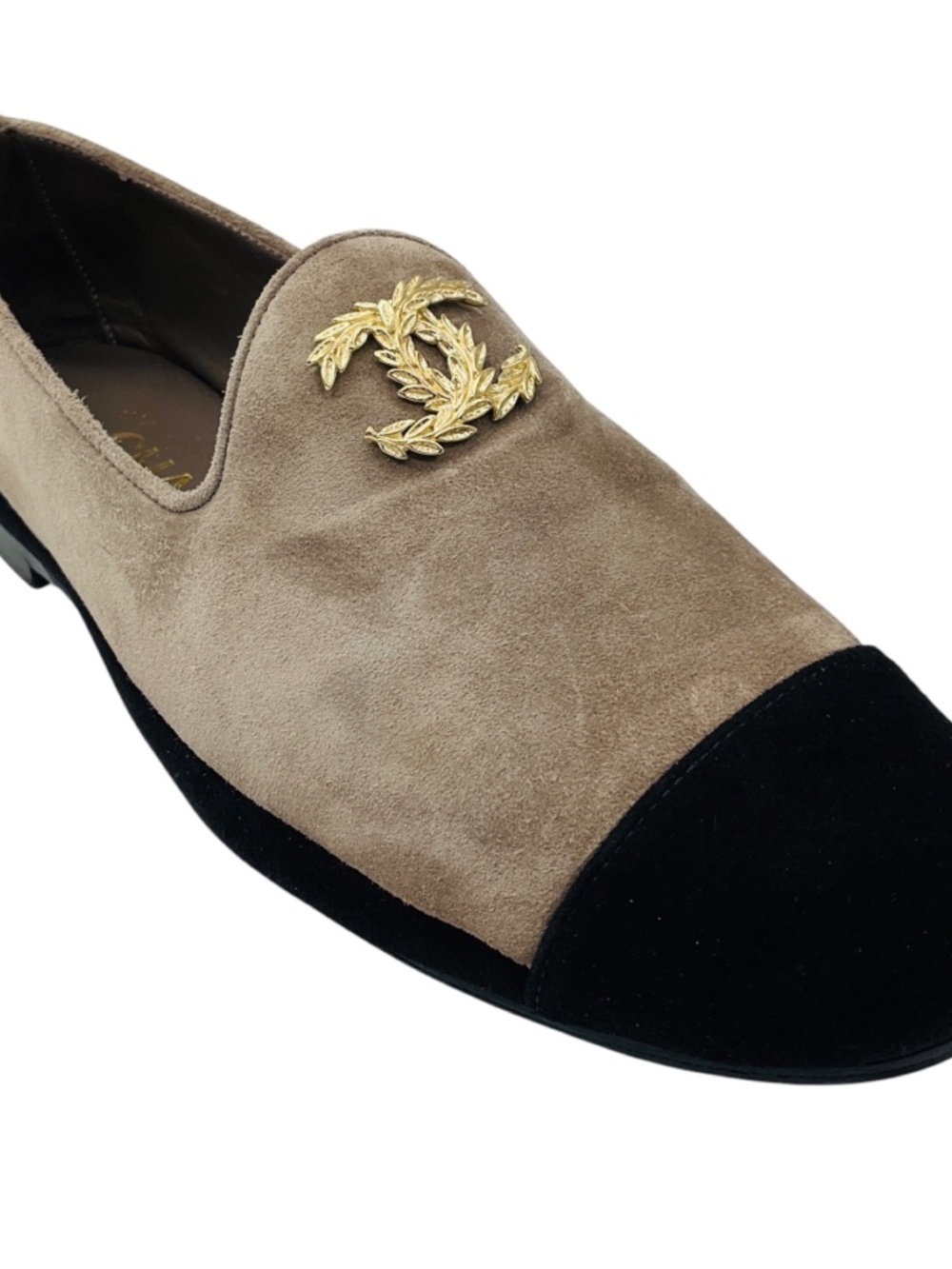 CHANEL TAUPE / BLACK / GOLD CC LOGO CAP TOE SUEDE LOAFER FLATS